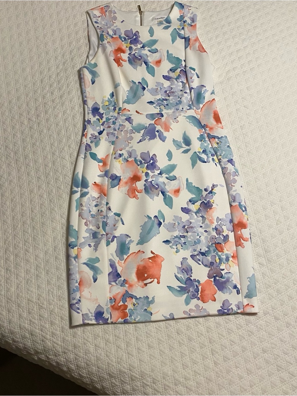 Calvin Klein White Sheath Dress with Coral & Lavender Floral Print